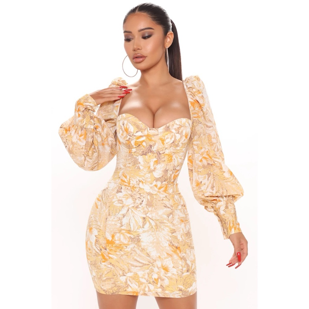 FASHION NOVA NWT Leaf Camo Print Balloon Sleeve Sweetheart Mini Dress